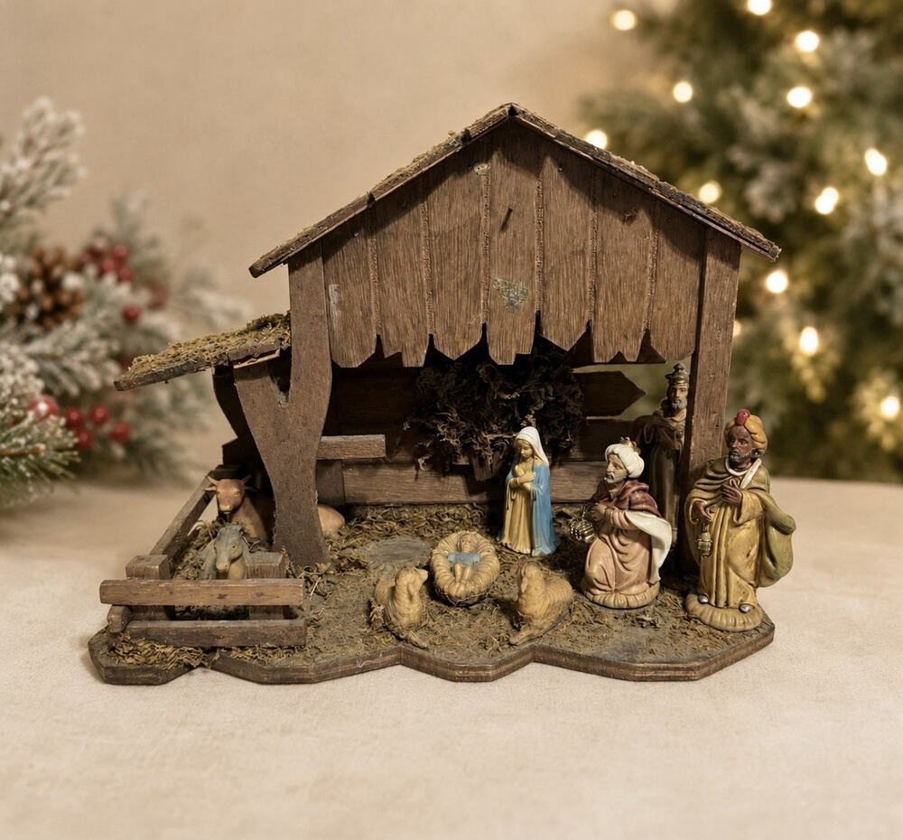 Vintage 1950s Italian Nativity Scene with Stable Music Box 9” x 12”